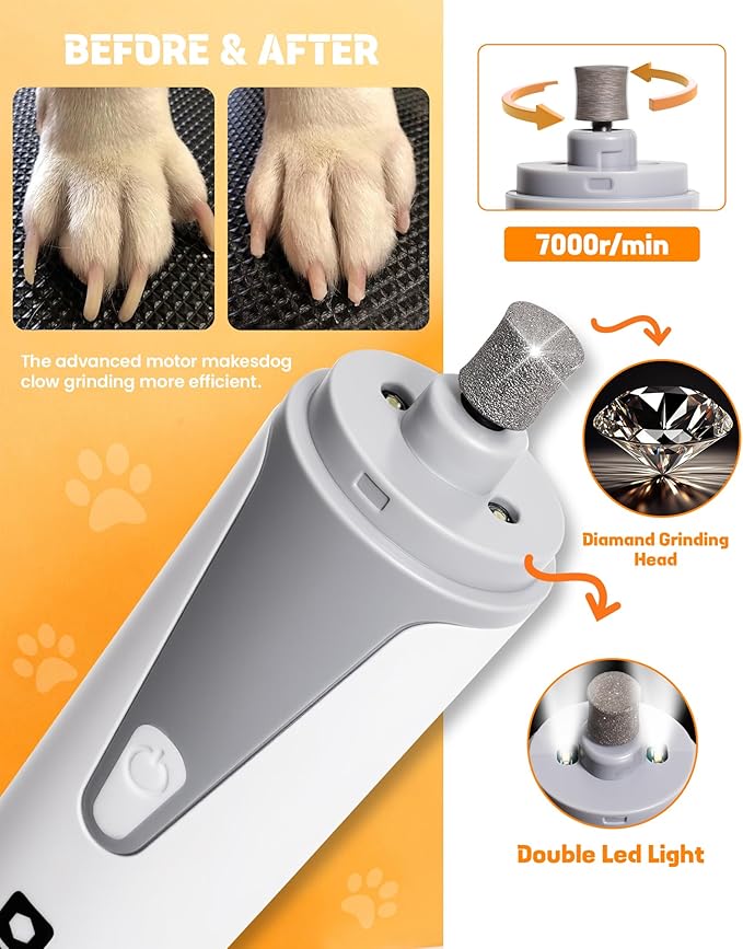 HARDELL Dog Nail Grinder, Super Quiet Dog Nail Trimmers with 2 LED Lights & 3 Grinding Ports, Safety Pet Nail Grinder for Small Dogs/Cats & Puppy