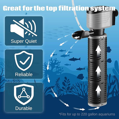 SainSmart XpertMatic 45W Aquarium Filter, Submersible Fish Tank Filter Water Pump for Up to 220 Gallon Fish Tank, 3 Stages 792 GPH Biochemical Sponge Filter, for Aquarium Filtration/Oxygenation
