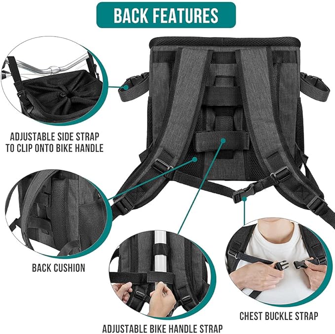 PetAmi Dog Bike Basket, Soft-Sided Ventilated Dog Bike Carrier Backpack, Dog Pet Bicycle Basket for Bike Handlebar, Small Medium Puppy Cat Kitten Car Booster Seat with Safety Strap