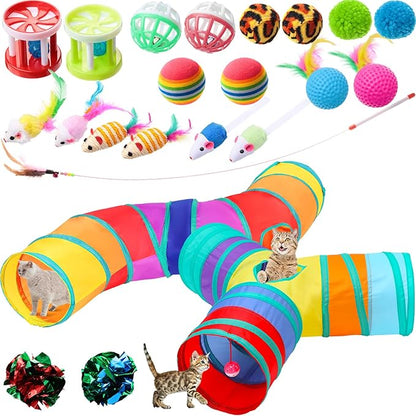 Poen 22pcs Cat Kitten Toys Set with 2 Collapsible Cat Tunnel and 20 Interactive Kitty Feather Toy, Fluffy Mouse, Crinkle Balls, for Kitten Puppy(Multicolor)