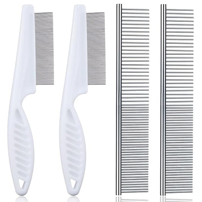 4 PCS Flea Combs Metal Comb for Dogs Tick Comb for Dogs Fine-Tooth Stainless Grooming Massage Combs Puppy Stainless Steel Pets Grooming Kit for Removing Mats Knots Loose Fur from the Undercoat