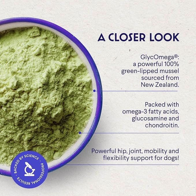 Premium Green Lipped Mussels for Dogs  Pure New Zealand Green Lipped Mussel Powder with Blue Lipped Mussels for Dogs  for Hip and Joint Flexibility, Mobility, Strength, Tendons and Muscles  2.60oz
