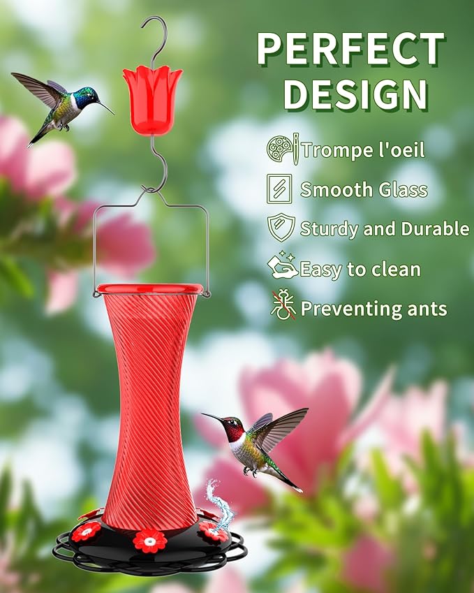 Hanging 20oz Glass Hummingbird Feeder with Moat, Small Outdoor Plastic Bird Feeder, Squirrel Proof, Ants, Outside Water Dispenser for Garden (Red Glass Bird Feeder-2)