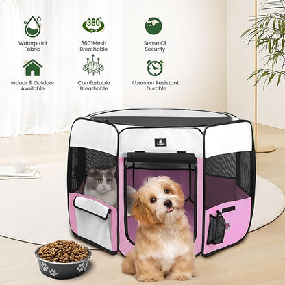 X-ZONE PET Dog Playpen Portable Pet Play Pens for Puppies, Cat, Rabbit, Chicks, Foldable Exercise Play Tent Kennel Crate, Indoor/Outdoor Travel Camping Pink Large