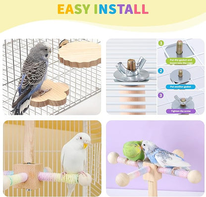 Bird Perch Toy for Parakeets Cockatiel, 360° Rotating Interactive Toy with Small Platform for Parrots Budgie Conures Play Exercise Stand, Enrichment Wooden Bird Cage Accessories -Flower