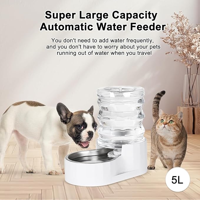 RIZZARI Dog Water Bowl Dispenser: 5L Automatic Stainless Steel Gravity Feeder - Large Capacity for 8-20 LB Cats with Joint Spine Pain - for Kitchen Bedroom