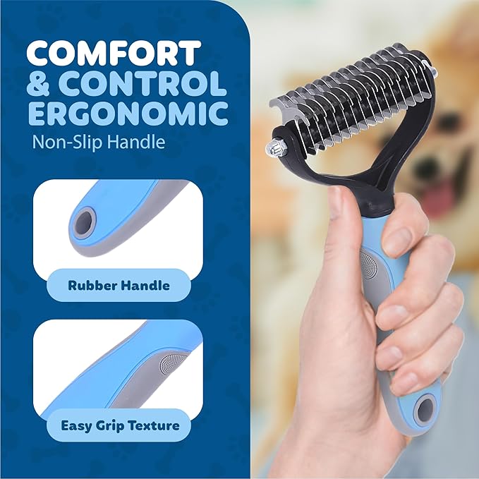 TIROL SUPPLIES Original Pet Grooming Rake - Ergonomic Non-slip Undercoat Rake for Dogs & Cats - Double-Sided Deshedding Dematting Tool - Extra-Wide Deshedding Dog Brush for Long Hair