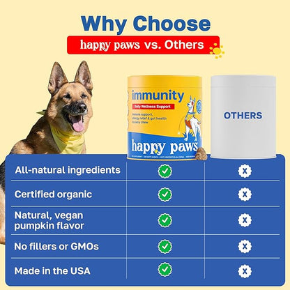 Happy Paws Immunity Supplement for Dogs, Daily Wellness & Immune Support for All Breeds & Ages, Made with Turmeric, Colostrum & Turkey Tail Mushrooms, Pumpkin Flavor, Organic, Non GMO, 200 Soft Chews