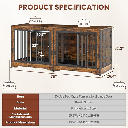75 Inch Double Dog Crate Furniture, 3 in 1 Dog Cage for Large Dogs, Durable Brown TV Stand Dog Crate with Trays and Divider, Double Dog Kennel for 2 Dogs