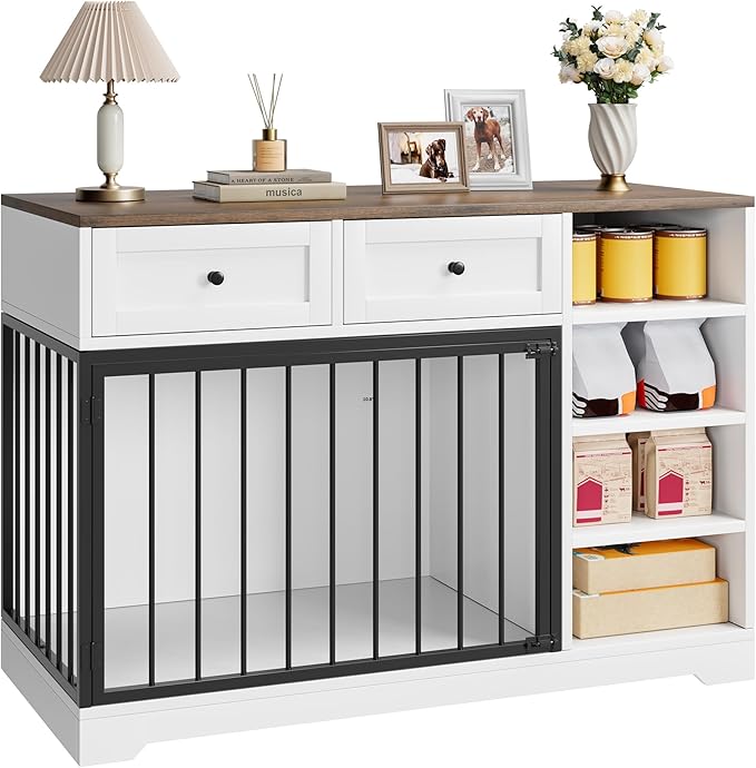 Dog Crate Furniture 47, Large Dog Crate TV Stand with 2 Drawers and 4 Shelves, Wooden Dog Kennel Indoor, Decorative Dog Cage with Storage for Large Dogs, White