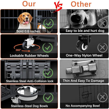 aboxoo 48/42 inch XL Dog Crate for Large Dog/Double Medium Dogs,Heavy Duty Metal Dog Cages,All Metal Open Top,Dog Kennel Indoor with Wheels,Floor Grid, Tray, Divider and Feeding Bowl