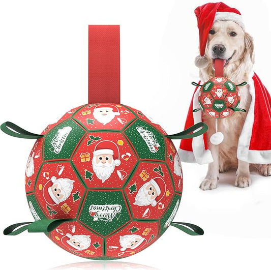 QDAN Christmas Dog Toys Soccer Ball with Straps, Outdoor Interactive Dog Toys for Tug of War, Puppy Birthday Gifts, Dog Tug Toy, Dog Water Toy, Durable Dog Balls for Medium & Large Dogs（8 Inch）