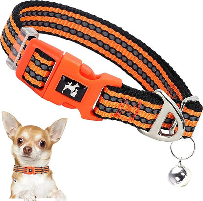Adjustable Reflective XS/XXS Dog Collar with Bell - Nylon Puppy Collar for Chihuahua, Pomeranian, Small Dogs, Nighttime Safety, Orange XS