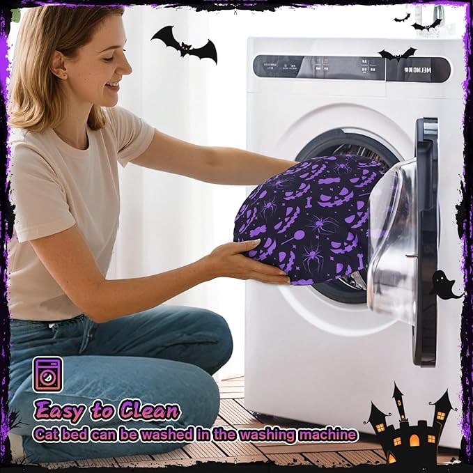 Tidjani Halloween Cat Tunnel, Cat Tunnels for Indoor Cats, Foldable Pet Donut Bed with Washable Mat and Dangling Balls, Purple Bowknot, Ghost Spider Pattern Decor Pet Toys for Small Animals