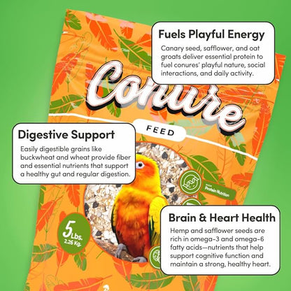 Mycelium Conure Feed (5 LB Bag) | Certified Organic, Non‑GMO Conure Food | Natural, Filler‑Free Bird Seed with Hulled Grains | Supports Brain, Heart & Digestive Health | Made in USA