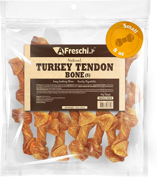 Afreschi Natural Turkey Tendon Bone (S) 8 oz, Turkey Sourced from USA, All Natural Puppy Chew, Hypoallergenic, Rawhide Alternative, for Small Breeds