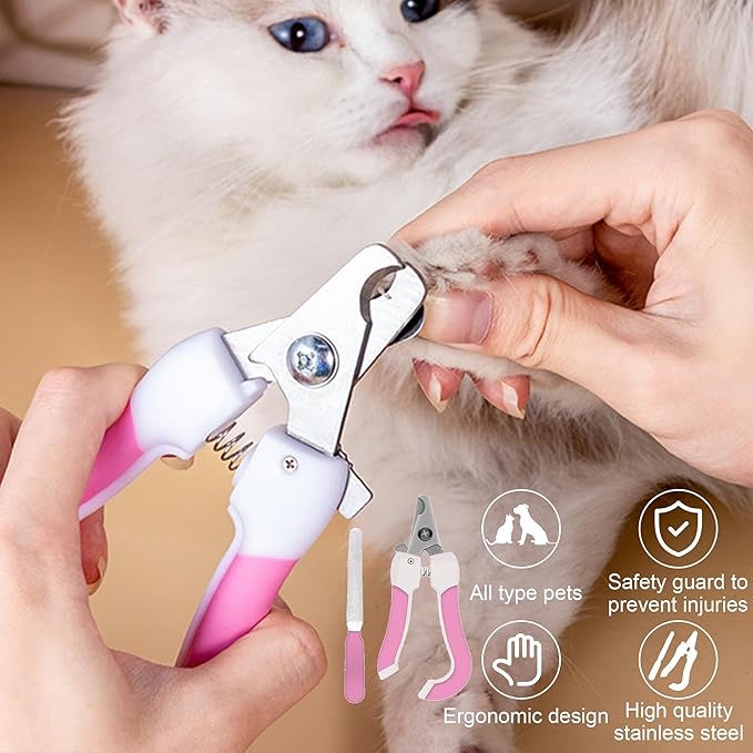 Pet Grooming Brush Kit 7pcs, Cat Brush with Release Button Comb Set for Shedding -Cat Brush&Nail Clippers File Set for Cat Dogs Long matted Haired Pets and Nail Repair(Pink)