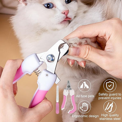 Pet Grooming Brush Kit 7pcs, Cat Brush with Release Button Comb Set for Shedding -Cat Brush&Nail Clippers File Set for Cat Dogs Long matted Haired Pets and Nail Repair(Pink)