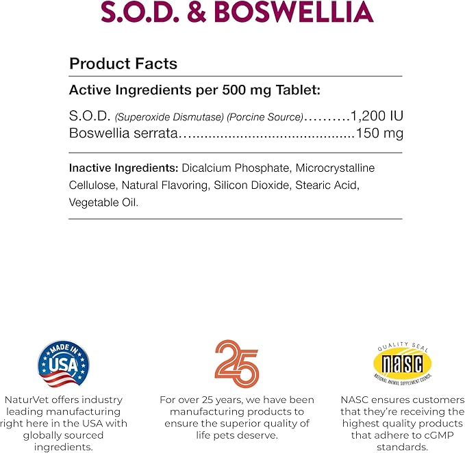 NaturVet S.O.D. & Boswellia Extra Joint Support Dog Supplement  Dog Hip Supplement  Helps Alleviate Aches, Pain  for Dog Flexibility, Healthy Joint Function  150 Ct. Chewable Tablets