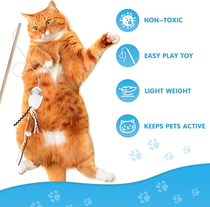 NOWFRESH Cat Wand Toy Set, 2 PCS Interactive Cat Teaser Wands with Cute Paper Mice & Paper Fish Designs, Equipped with Bells and Streamers to Captivate Your Cat’s Attention
