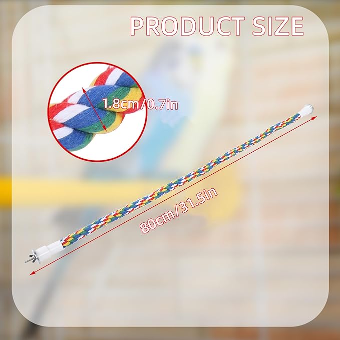 Cotton Rope Bird Perch, Spiral Bungee Toys for Parakeets, Cockatiels, Lovebirds, Finches, Colorful, 31.5 Inch, 2 Pack