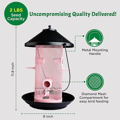 Happy Wings Hanging Metal Mesh Tube Bird Feeder for Wild Birds- Pink I 4 Metal Perches I Durable & Heavy -Duty I Weatherproof, Completely Removable Finch Bird Feeder for Balcony - 2 Lb Capacity