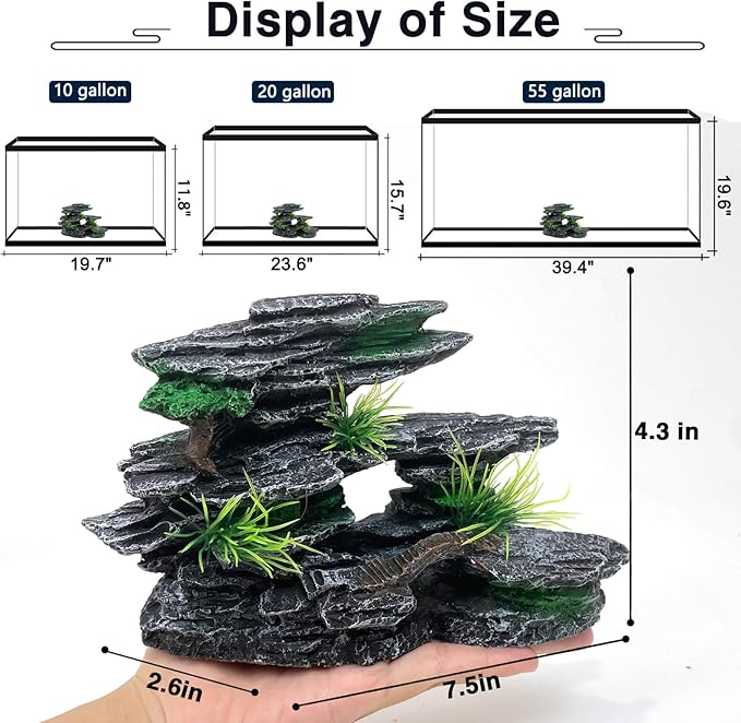 Aquarium Mountain View Stone Ornament Tree Rock Cave Aquarium Decorations for Fish Tank Decorations for Small Fish Tank - 7.5 Inches Long