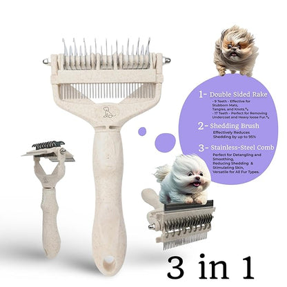 3 in 1 biodegradable Dog and Cat grooming tool for shedding and dematting easy to use and clean, Beige