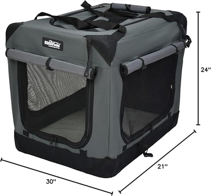 EliteField 4-Door Folding Soft Dog Crate with Curtains, Carrying Bag and Fleece Bed (2 Year Warranty), Indoor & Outdoor Pet Home (30" L x 21" W x 24" H, Gray+4 Door Curtains)