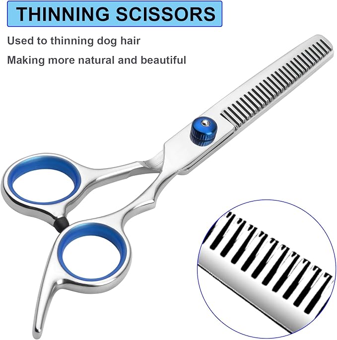 7PCS Dog Grooming Scissors Kit Professional Curved Dog Scissors for Grooming Safety Round Tip 4CR Coated Stainless Steel Heavy Duty Thinning Pet Shears Set for Dogs Cats