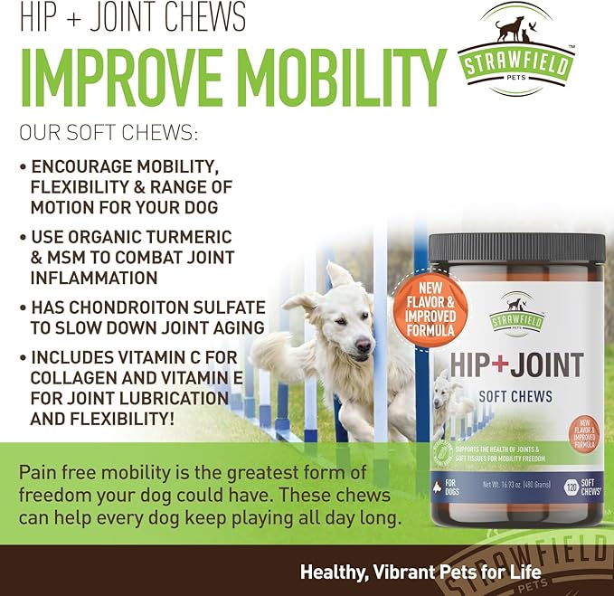 Strawfield Pets Hip + Joint Chews for Dogs Advanced Dog Joint Supplement with Glucosamine Tasty Healthy Mobility Treats Bacon Flavor 120 Count