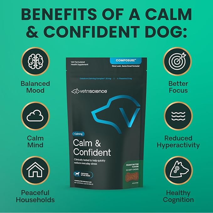 VetriScience Calm & Confident Chews, Composure Clinically Tested Anxiety and Calming Chews for Dogs, Reduce Stress, Ideal for Thunderstorms, Fireworks and Travel, Peanut Butter, 60 Count
