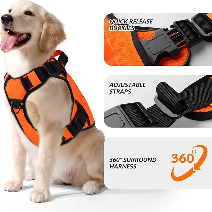 WINGOIN Orange Tactical Dog Harness Vest for Large Dogs No Pull Adjustable Reflective K9 Military Dog Service Dog Harnesses with Handle for Walking, Hiking, Training(L)
