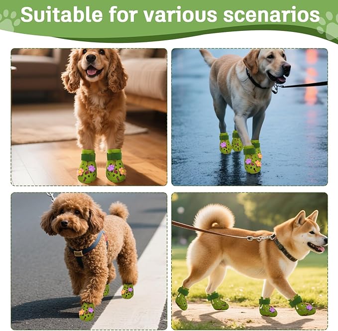Dog Shoes for Hot Pavement, Adjustable Magic Tape Boots for Small, Medium & Large Dogs, Anti-Slip, Easy to Clean Paw Protectors for Beach, Outdoor & Hot Weather (Green M)
