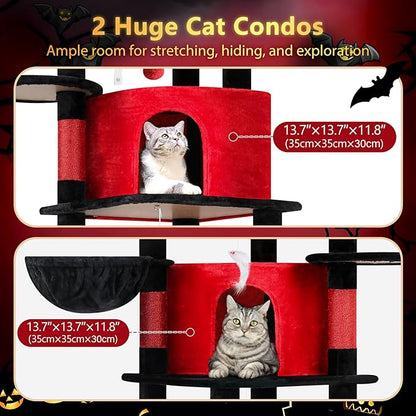 Globlazer Gothic Corner Cat Tree Tower for Large Cat, 66inch Tall Large Goth Cat Tree for Multiple Indoor Cats with 6 Scratching Posts, 2 Spacious Condos, Soft Hammock, Hanging Basket, C66, Red Black