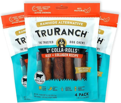 TRURANCH Collagen Rolls - 6" Collagen Rolls for Dogs - Long Lasting Healthy Joint Support - Rawhide Alternative - Skin & Coat Health - Made with Real Beef, Value Pack, 3 Bags, 12 Count