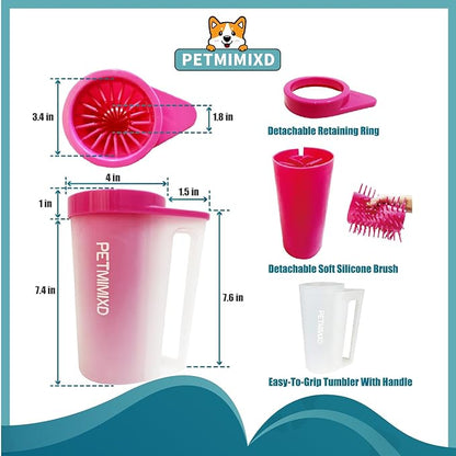 Dog Paw Cleaner with Handle, 2 Absorbent Towels & 2 Adjustable Bath Brushes for Short and Long Hair Pets - Muddy Foot Washer, Pink, Large