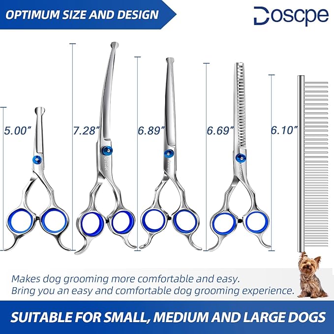 6 in 1 Professional Dog Grooming Scissors Set Pet Hair Cutting Shears Kit, Stainless Steel with Safe Rounded Tips for Dog Cat Other Animals, Right Left Handed