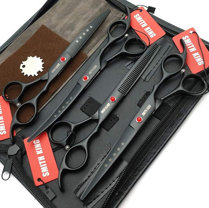 7.0 inches Professional Dog Grooming Scissors Set Straight & thinning & Curved & chunkers & comb 5pcs in 1 Set for left-handed & right handed (Black, Right-handed)