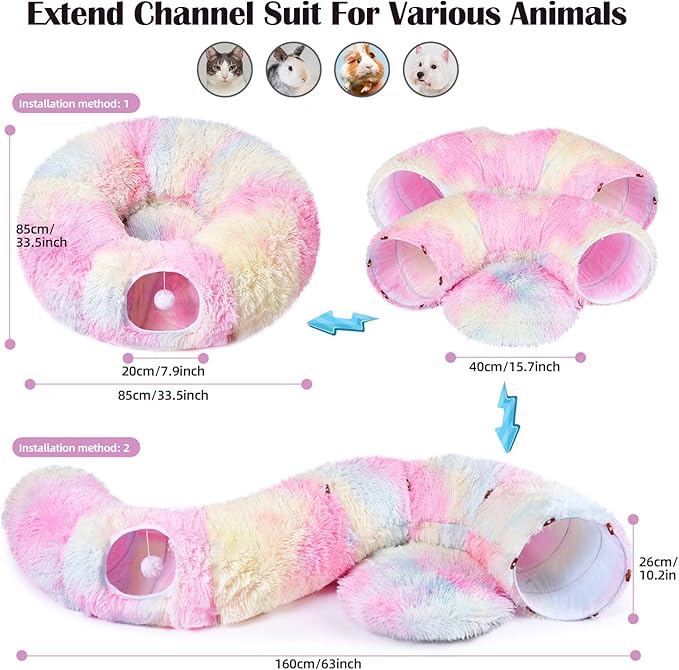 Odoland Cat Tunnel Bed with 20 Cat Toys - Indoor Plush Kitten Couch,Detachable Cats Cave Donut Tunnel & Soft Kitten Toy Set-Cozy Cat Furniture Pink