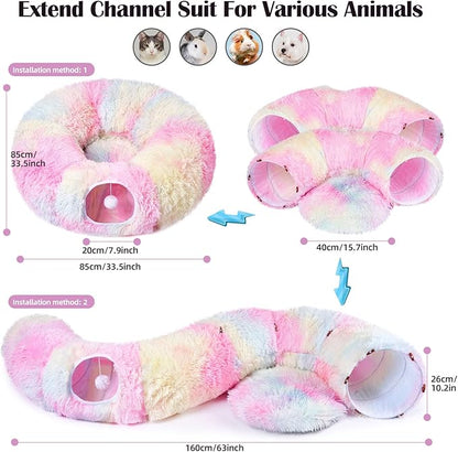 Odoland Cat Tunnel Bed with 20 Cat Toys - Indoor Plush Kitten Couch,Detachable Cats Cave Donut Tunnel & Soft Kitten Toy Set-Cozy Cat Furniture Pink
