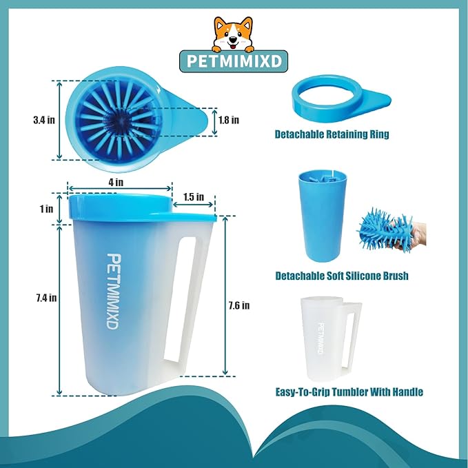 Dog Paw Washer with Handle, Absorbent Towels & Adjustable Bath Brush for Short and Long Hair, Muddy Pet Foot Cleaner (Blue, Large)