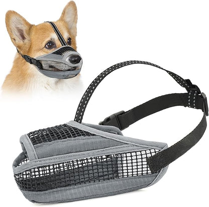 Dog Muzzle for Large Medium Small Dogs, Soft Mesh Muzzle for Dogs with Reflective Adjustable Strap, Prevent Biting Chewing and Licking, Dog Nose Open Design for Reduction Friction (Grey, XS)