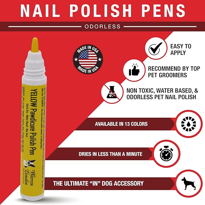 Warren London Pawdicure Dog Nail Polish Pens | Made in USA | Quick Dry, Low Odor, Non-Toxic Dog Accessories | Ideal for Dog Birthday, Dog Costume | 13 Colors | Yellow