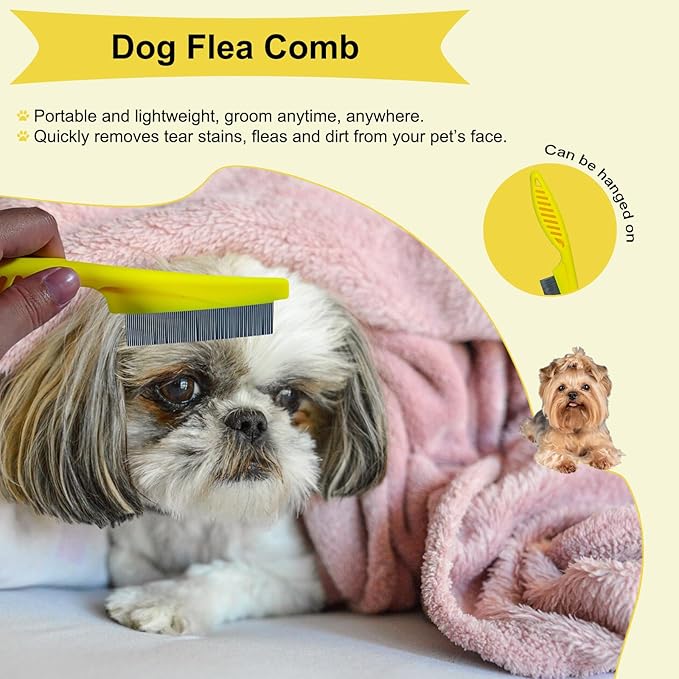 3 PCS Puppy Brush Grooming Kit, Stainless Steel Flea Comb, Fit for Yorkie, Shih Tzu, Maltipoo, Soft Bristle (Yellow)