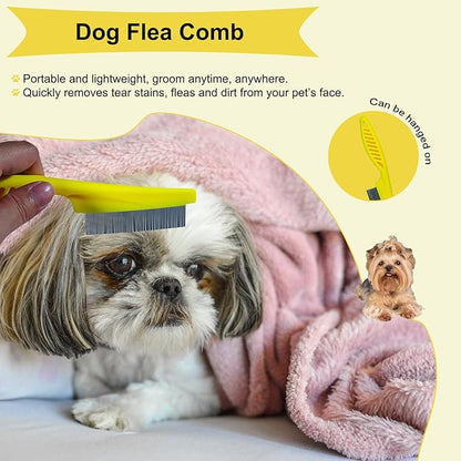 3 PCS Puppy Brush Grooming Kit, Stainless Steel Flea Comb, Fit for Yorkie, Shih Tzu, Maltipoo, Soft Bristle (Yellow)