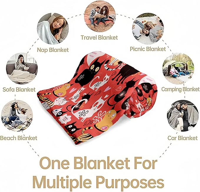 Ultra Soft Flannel Cat Throw Blanket - Cute Pattern, 50"x60" Gift for Cat Lovers (Women, Men, Kids, Adults)