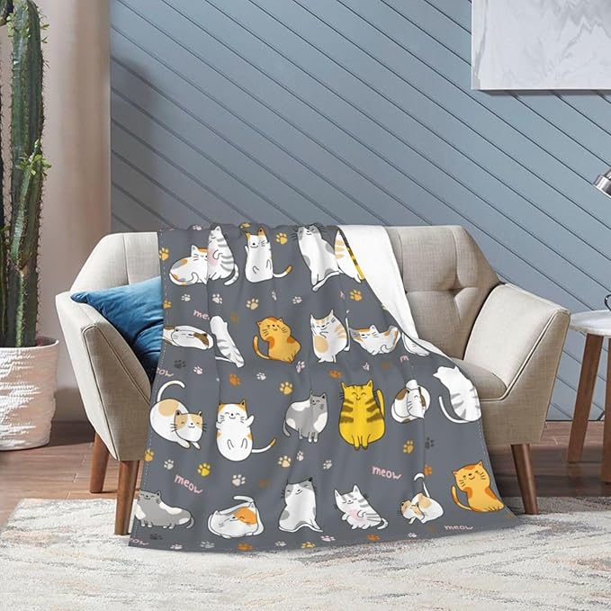 Cat Pattern Throw Blanket Gifts for Men Women Boy Girl Kid Soft Warm Flannel Fleece Blankets for Bed, Sofa, Couch, Travel, Camping 60x50 Inches
