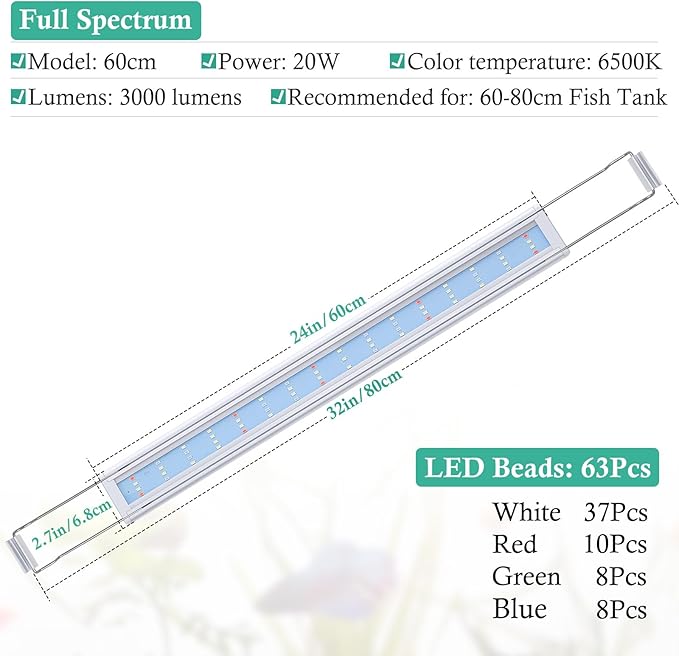 HITOP Full Spectrum LED Aquarium Light – 24-32" Classic Fish Tank Light with Timer, Aquarium Plant Light with Stable Extendable Brackets (24-32in)