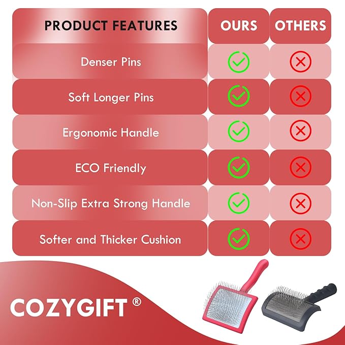 Dog Slicker Brush for Medium or Long Haired Dogs, Removes Loose Hair, Tangles and Knots, Best Grooming Brush for Small Animals, Free Pet Comb, Red